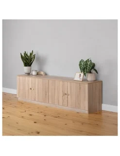 European Cabinetry Bucharest Natural Oak Slim Tv Unit Brass Round Handle