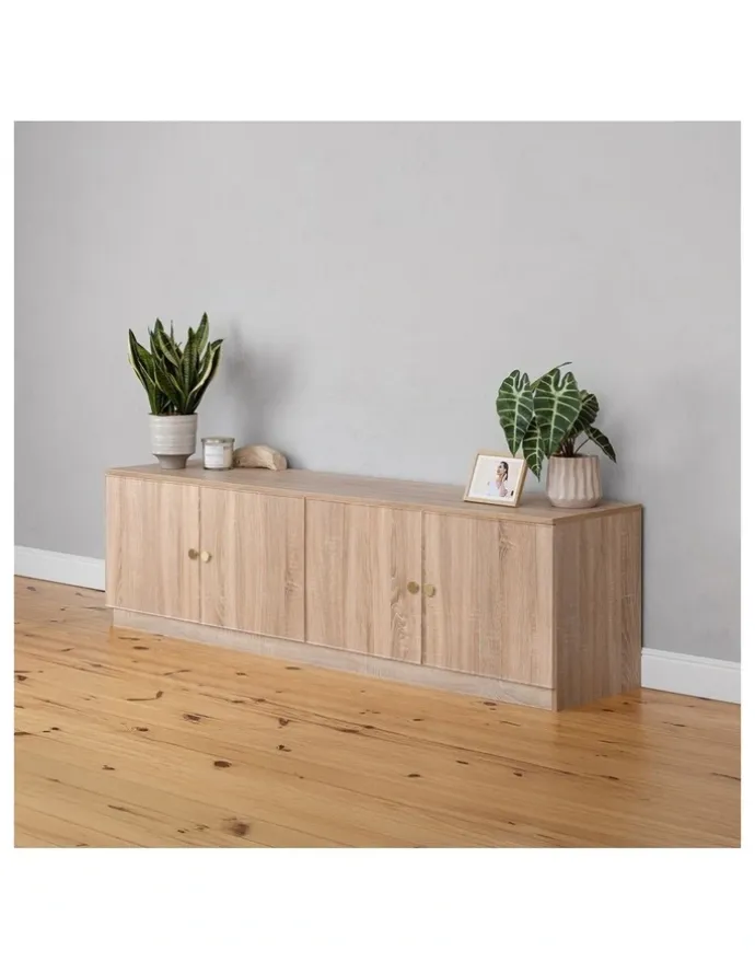 European Cabinetry Bucharest Natural Oak Slim Tv Unit Brass Round Handle