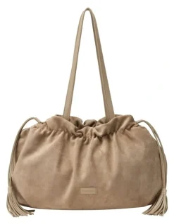 Every Other DRAWSTRING TASSLE SHOULDER BAG IN SAND FAUX SUEDE