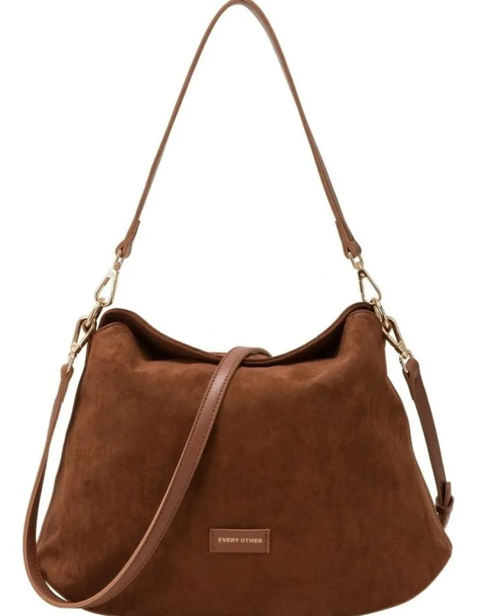 Every Other FOLD TOP SHOULDER IN BROWN FAUX SUEDE