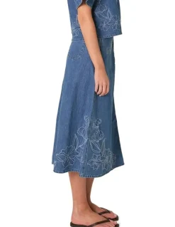 Fate & Becker Sloane Embroidered Denim Skirt in Mid Blue