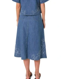 Fate & Becker Sloane Embroidered Denim Skirt in Mid Blue