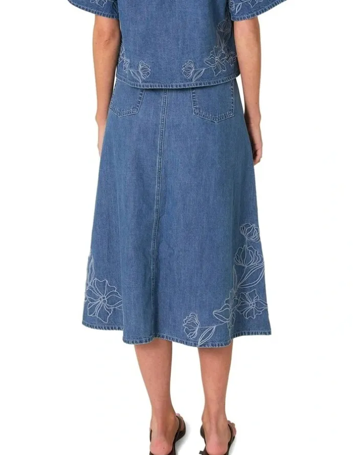 Fate & Becker Sloane Embroidered Denim Skirt in Mid Blue
