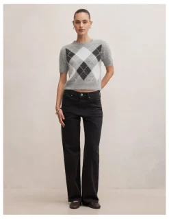 Forever New Andy Argyle Fluffy Knitted T-shirt in Grey