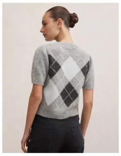 Forever New Andy Argyle Fluffy Knitted T-shirt in Grey