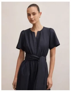Forever New Matilda Embroidered Tie Midi Dress in Navy