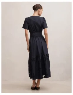 Forever New Matilda Embroidered Tie Midi Dress in Navy