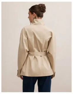 Forever New Nina Belted Funnel Neck Jacket in Beige