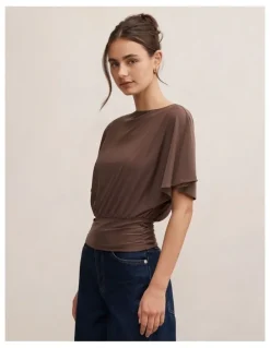 Forever New Piper Cinched Flutter Sleeves Top in Brown