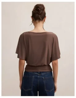 Forever New Piper Cinched Flutter Sleeves Top in Brown