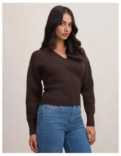 Forever New Raya V-Neck Sweater in Brown