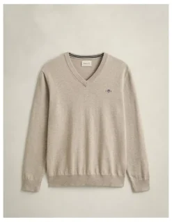 Gant Classic Cotton V-Neck Sweater in Oat Melange