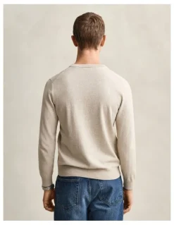 Gant Classic Cotton V-Neck Sweater in Oat Melange