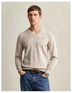 Gant Classic Cotton V-Neck Sweater in Oat Melange