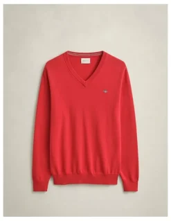 Gant Classic Cotton V-Neck Sweater in Rose Red