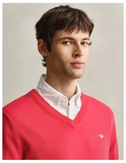 Gant Classic Cotton V-Neck Sweater in Rose Red