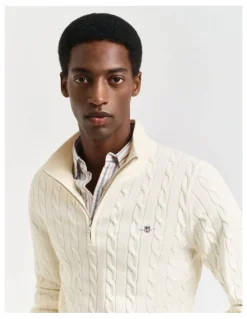 Gant Cotton Cable Half-Zip Knit in Cream