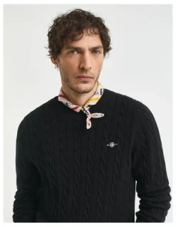 Gant Cotton Cable Knit Crew Neck Sweater in Black