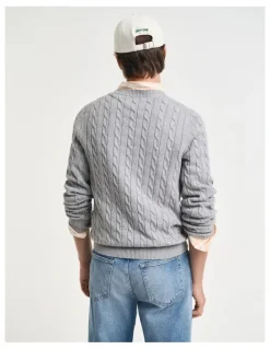 Gant Cotton Cable Knit Crew Neck Sweater in Grey Melange