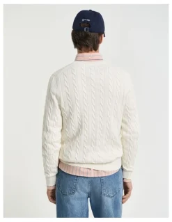 Gant Cotton Cable Knit Crew Neck Sweater in Cream