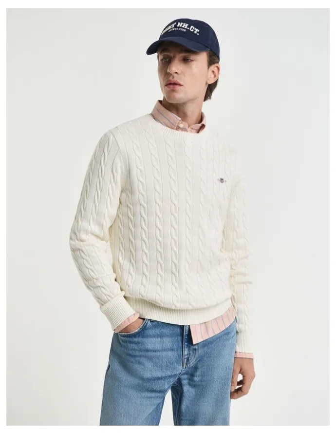 Gant Cotton Cable Knit Crew Neck Sweater in Cream