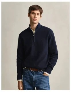Gant Cotton Rib Half Zip in Evening Blue