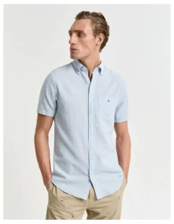Gant Regular Fit Cotton Linen Short Sleeve Shirt in Fresh Blue