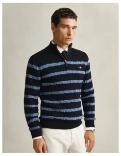 Gant Striped Cotton Cable Knit Half-Zip Sweater in Evening Blue