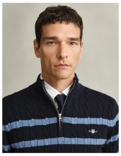 Gant Striped Cotton Cable Knit Half-Zip Sweater in Evening Blue