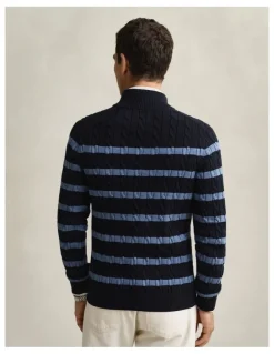 Gant Striped Cotton Cable Knit Half-Zip Sweater in Evening Blue