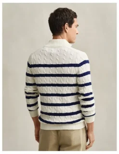 Gant Striped Cotton Cable Knit Half-Zip Sweater in Cream