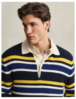 Gant Striped Rib Polo Sweater in Evening Blue