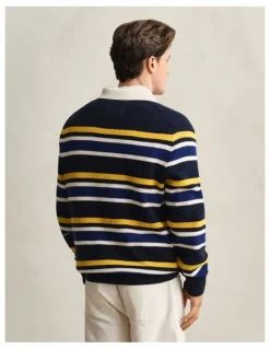 Gant Striped Rib Polo Sweater in Evening Blue