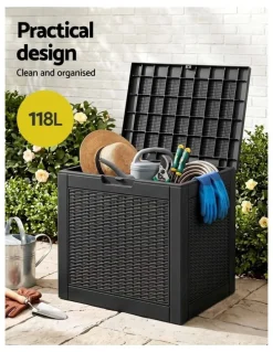 Gardeon Gardeon Outdoor Storage Box 118L Container Lockable Garden Toy Tool Rattan-Texture Black