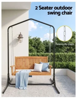 Gardeon Gardeon Wooden 2-Seater Outdoor Swing Chair with Black Stand Hanging Chair Patio Furniture