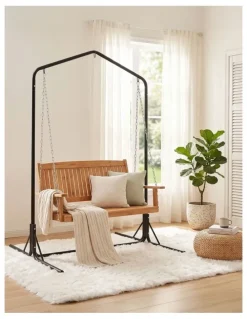 Gardeon Gardeon Wooden 2-Seater Outdoor Swing Chair with Black Stand Hanging Chair Patio Furniture