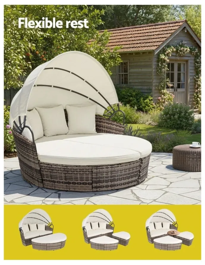 Gardeon Outdoor Day Bed Sun Lounge Setting Wicker Lounger Furniture Patio Set of 3 in Beige