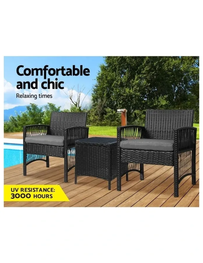 Gardeon Outdoor Patio Furniture Bistro 3 Piece Set in Black