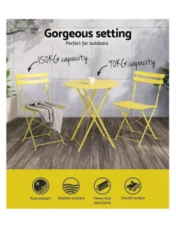 Gardeon 3PC Outdoor Bistro Set Steel Table and Chairs Patio Furniture in Yellow
