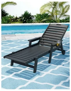 Gardeon Sun Lounge Beach Chair With Wheels in Black
