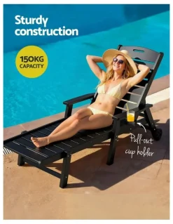 Gardeon Sun Lounge Beach Chair With Wheels in Black