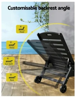 Gardeon Sun Lounge Beach Chair With Wheels in Black
