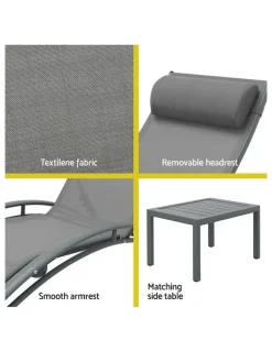 Gardeon Sun Lounge Outdoor Furniture 3 Piece in Grey