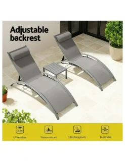 Gardeon Sun Lounge Outdoor Furniture 3 Piece in Grey
