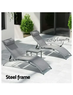 Gardeon Sun Lounge Outdoor Furniture 3 Piece in Grey