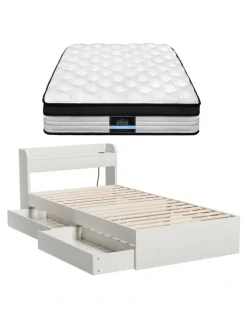 Giselle Bedding Single Mattress With Wooden Storage Bed Frame Set in White
