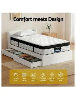 Giselle Bedding Single Mattress With Wooden Storage Bed Frame Set in White