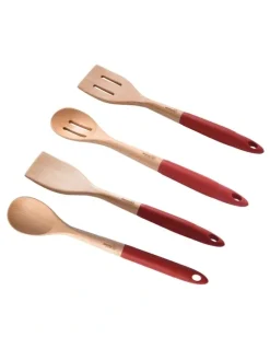 Gourmet Kitchen Rustic Beech Wood Kitchen Utensil Set with Silicone Grip 4 Piece in Red