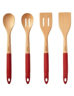 Gourmet Kitchen Rustic Beech Wood Kitchen Utensil Set with Silicone Grip 4 Piece in Red