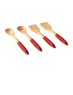 Gourmet Kitchen Rustic Beech Wood Kitchen Utensil Set with Silicone Grip 4 Piece in Red